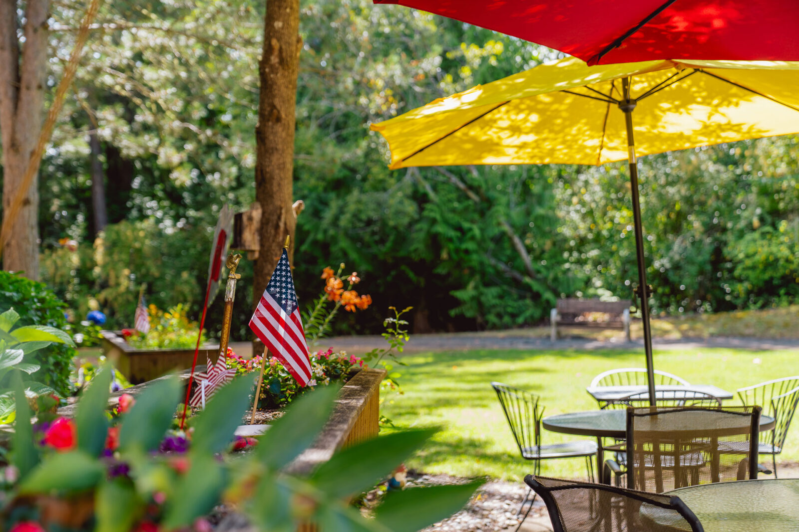 A sunny garden with colorful umbrellas, flowers, and American flags creates a peaceful setting.